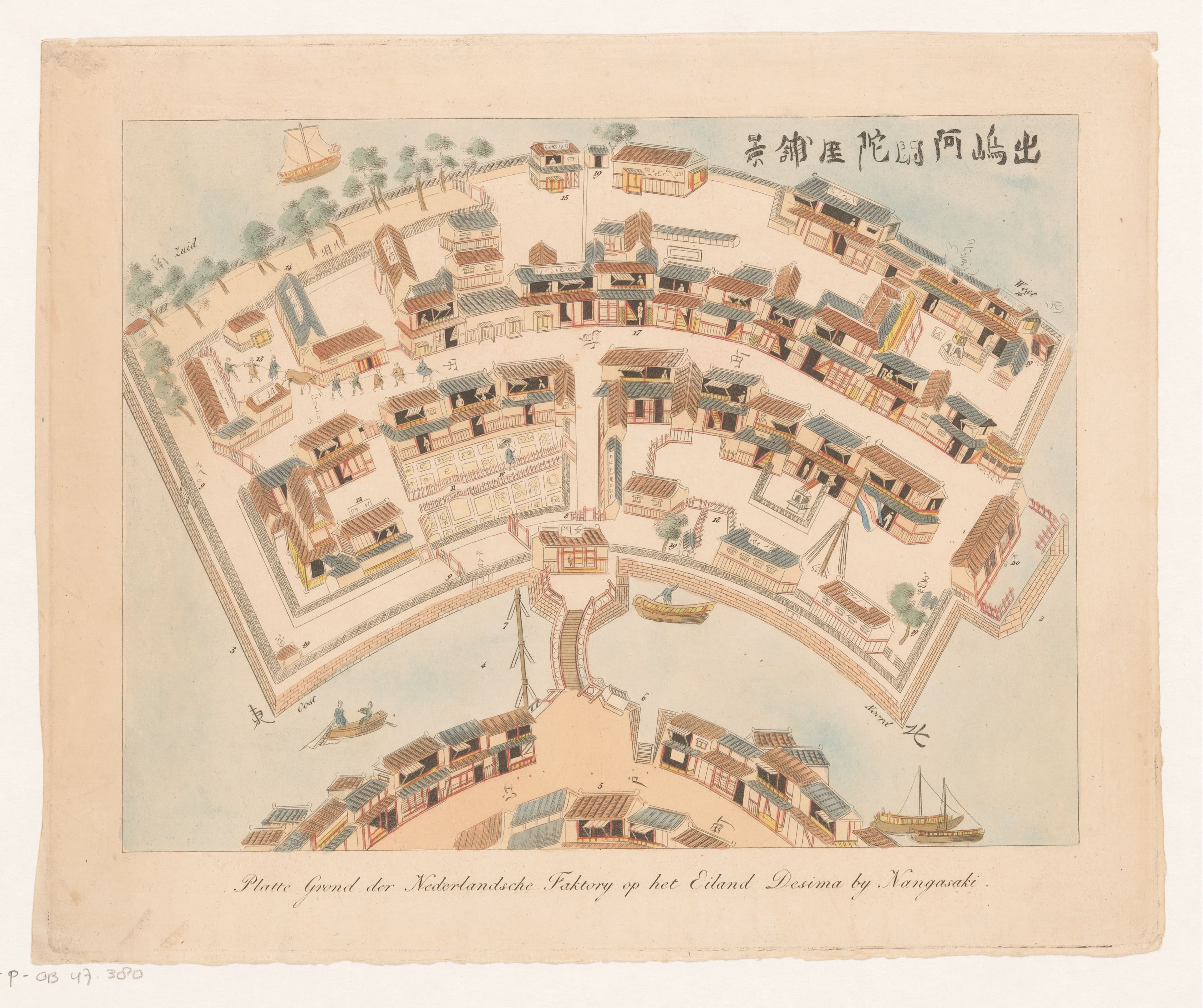 Plan ancien de l'île artificielle de Dejima à Nagasaki, comptoir hollandais en éventail durant la fermeture du Japon.