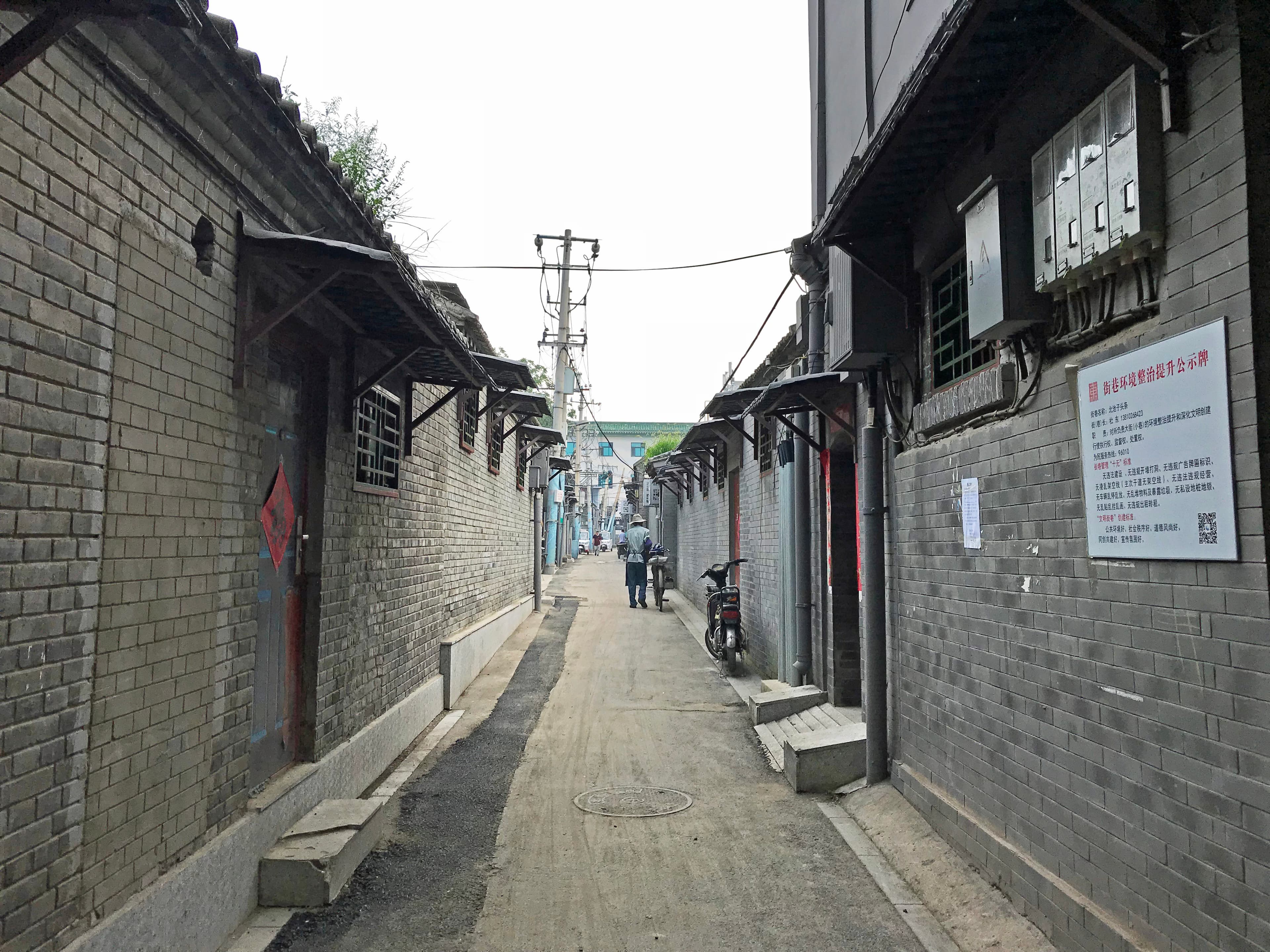Ruelle traditionnelle hutong à Pékin avec ses maisons basses en briques grises.