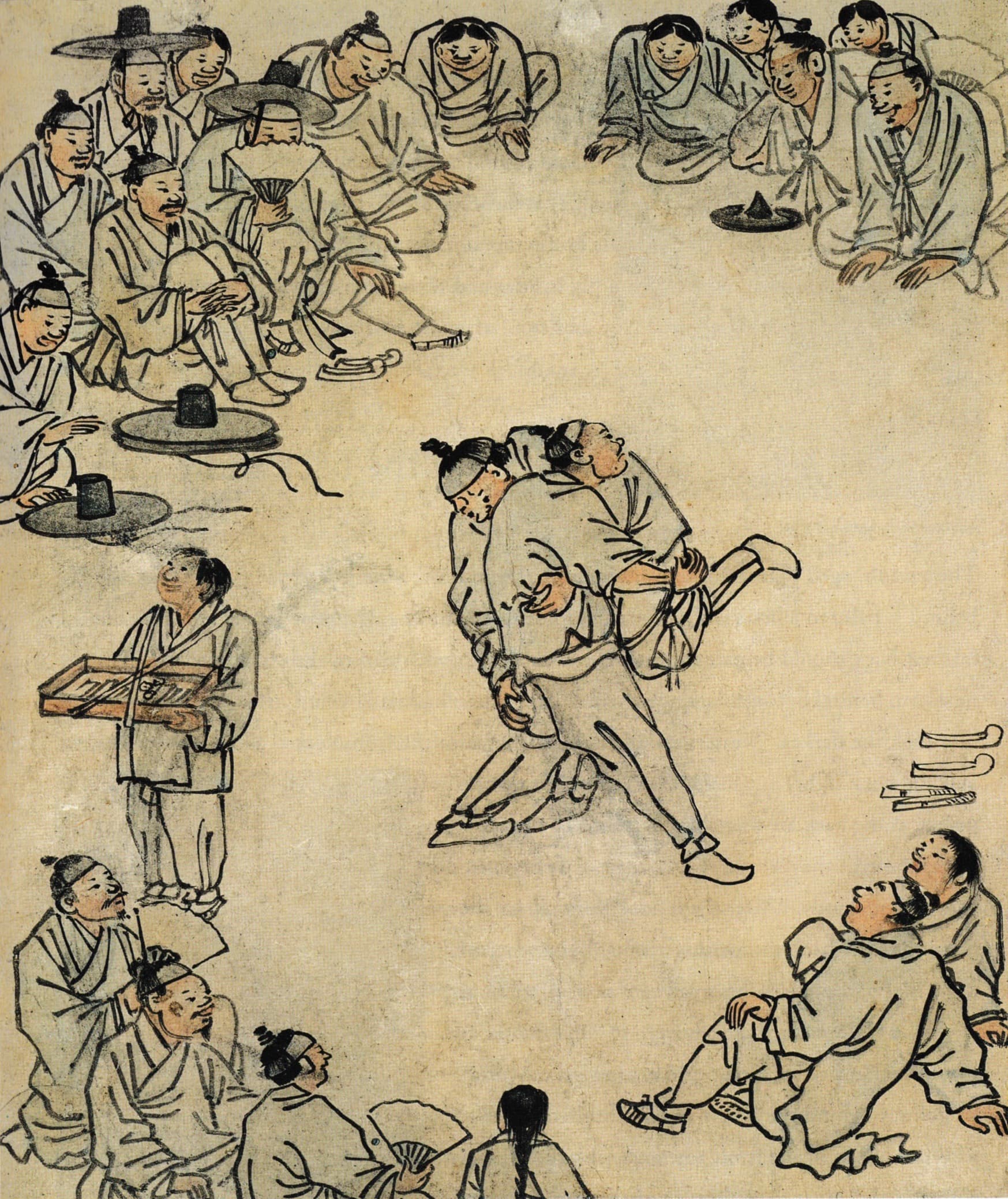Peinture de Kim Hong-do (Danwon) représentant un combat de ssireum, la lutte traditionnelle coréenne.