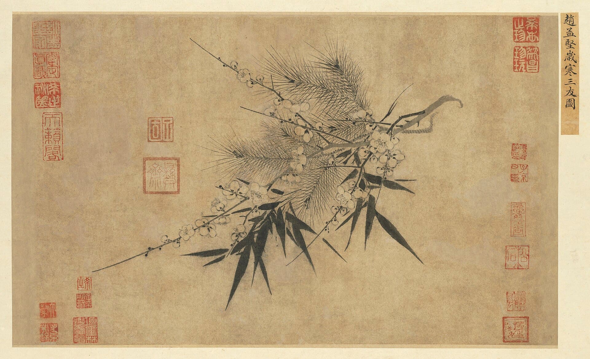 Rouleau à l'encre de la dynastie Song intitulé « Les Trois Amis de l'hiver », attribué à Zhao Mengjian, montrant du pin, du bambou et des branches de prunier en fleur en camaïeu monochrome.