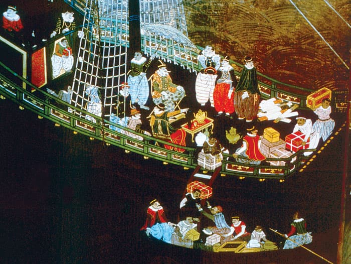 Détail d'un paravent nanban montrant l'arrivée des marchands portugais au Japon au XVIe siècle, dans le sillage desquels Yasuke gagna le pays.