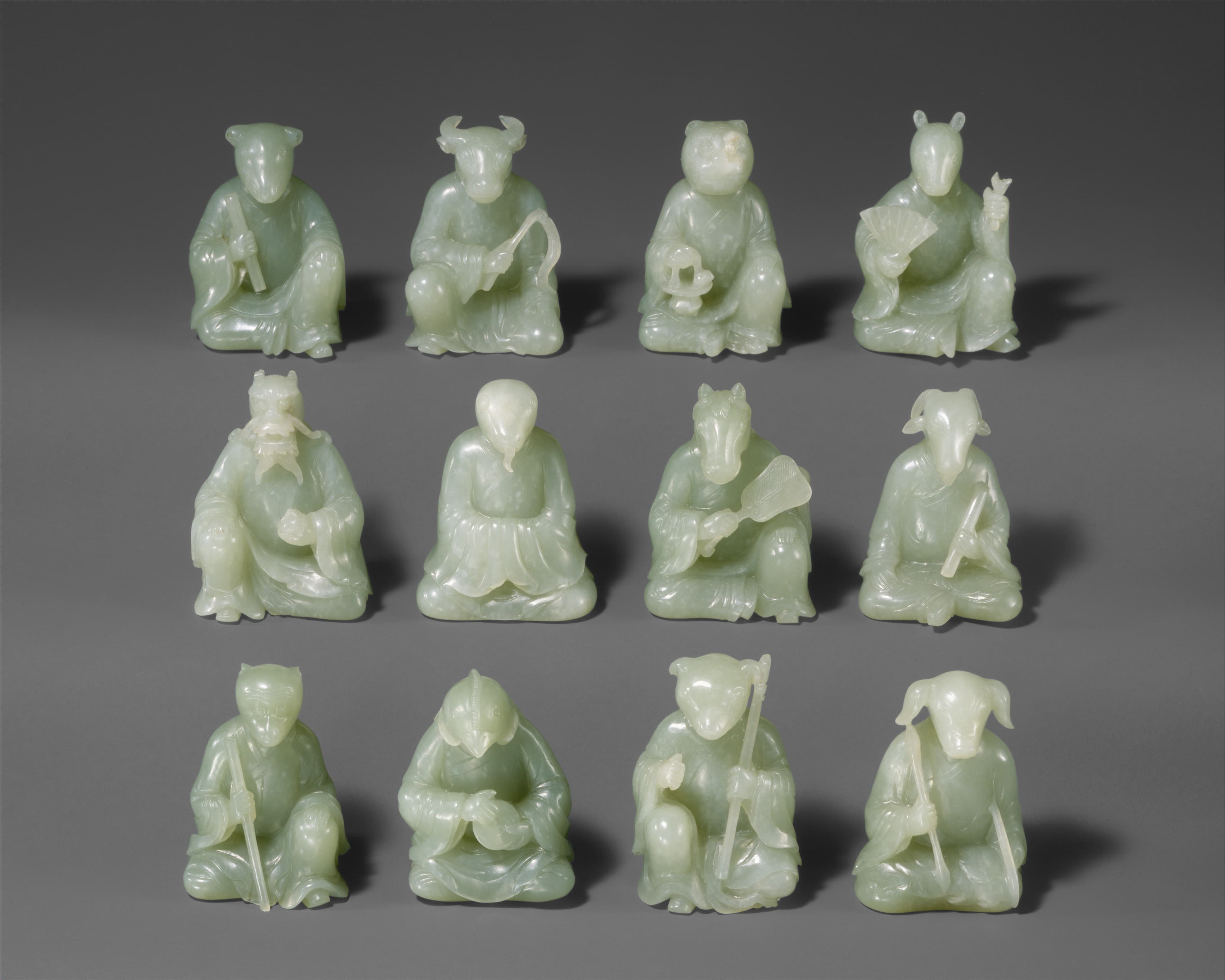 Ensemble de sculptures en jade représentant les douze animaux du zodiaque chinois, thème commun aux zodiaques d'Asie.